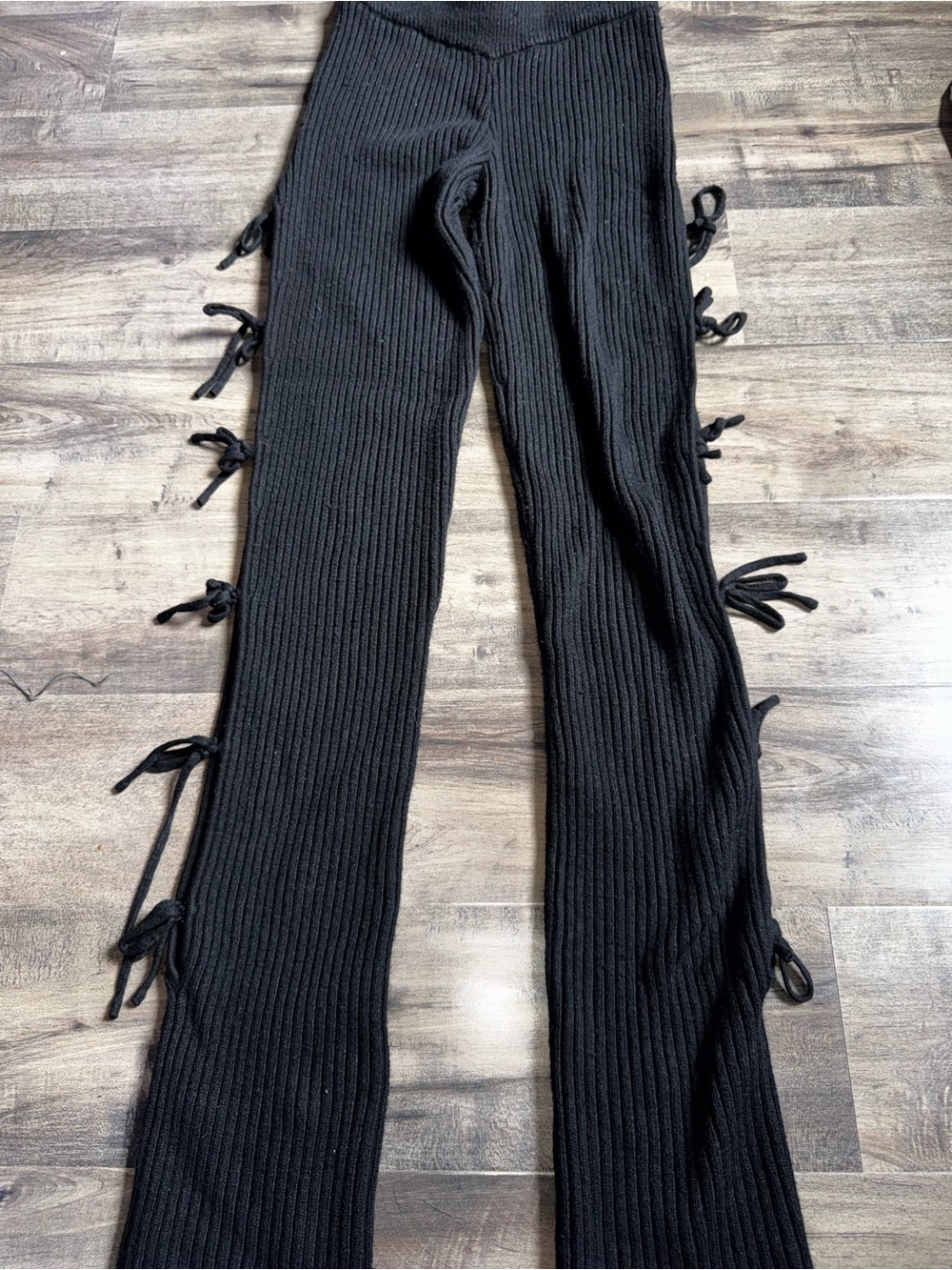 Maniere De Voir Ribbed Knit Lace-Up Side-Tie Flare Pants Black Sz S Coquette - Picture 9 of 13